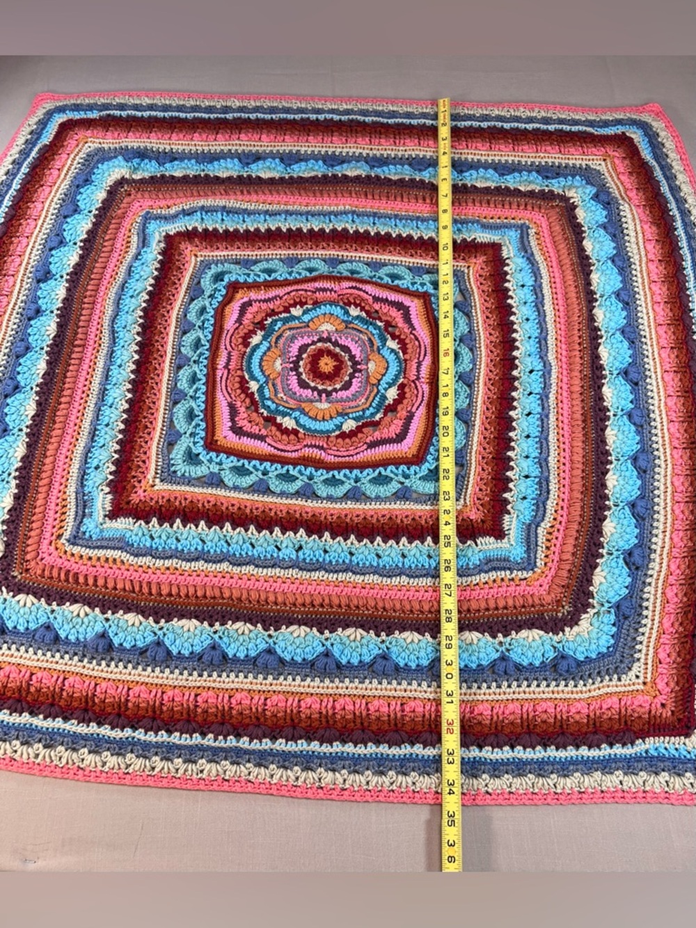 Handmade Crochet Throw Blanket Mandala Boho Multicolor 36x36 Afghan - Picture 6 of 15
